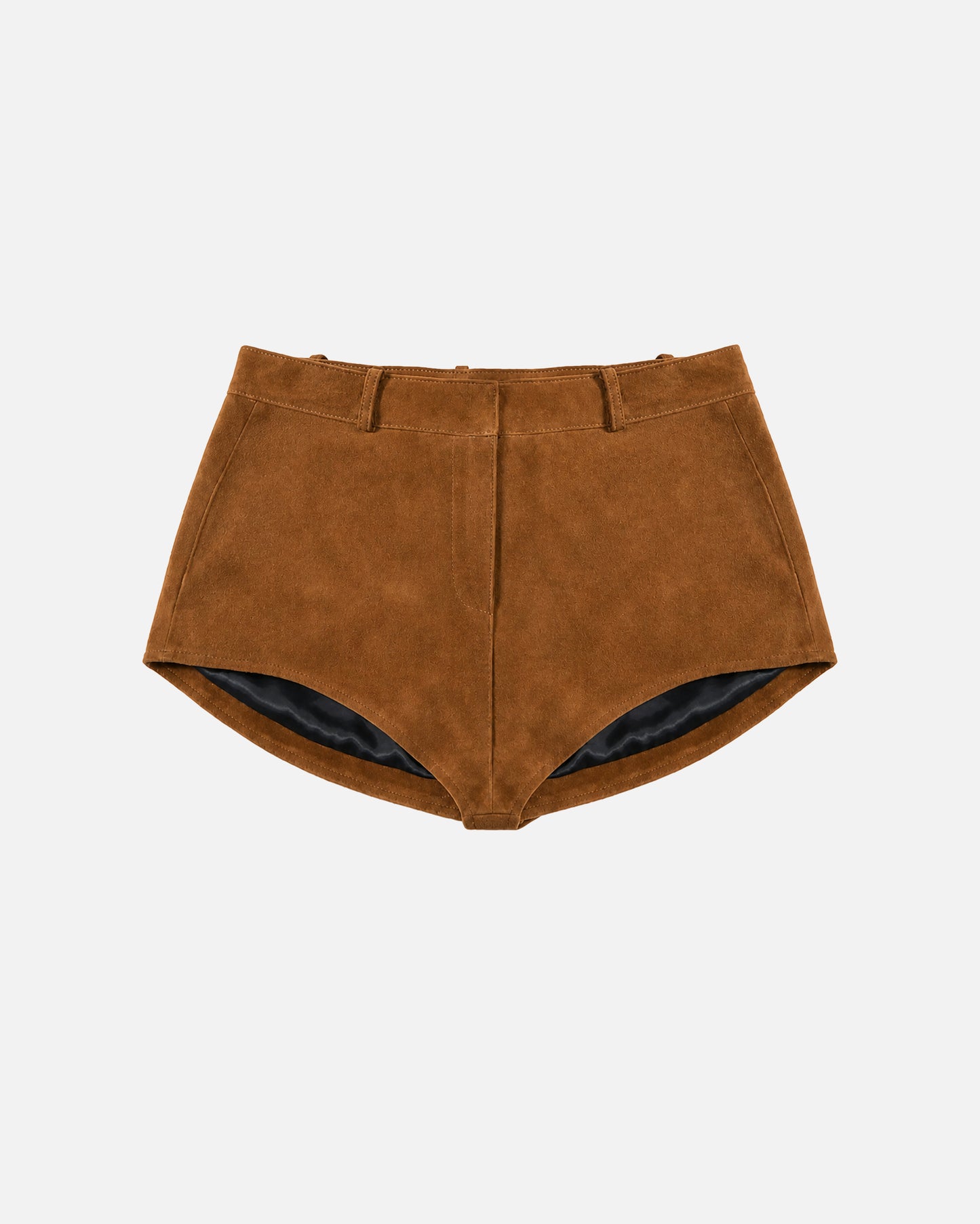 Susanna Chow Naomi Suede Micro Shorts in Mahogany Brown, front view