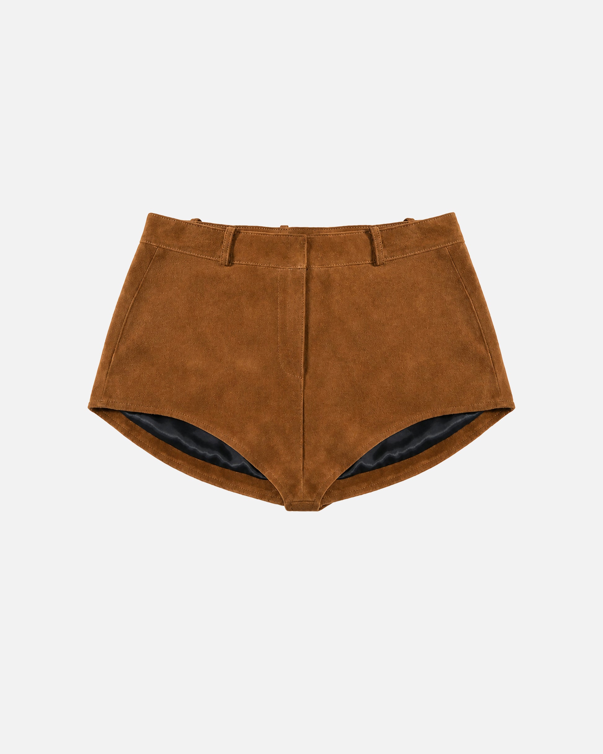 Susanna Chow Naomi Suede Micro Shorts in Mahogany Brown, front view