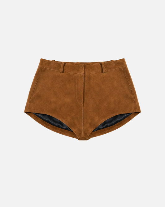 Susanna Chow Naomi Suede Micro Shorts in Mahogany Brown, front view