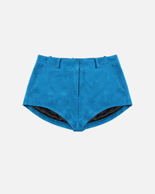 Naomi Suede Micro Shorts in turquoise, front view