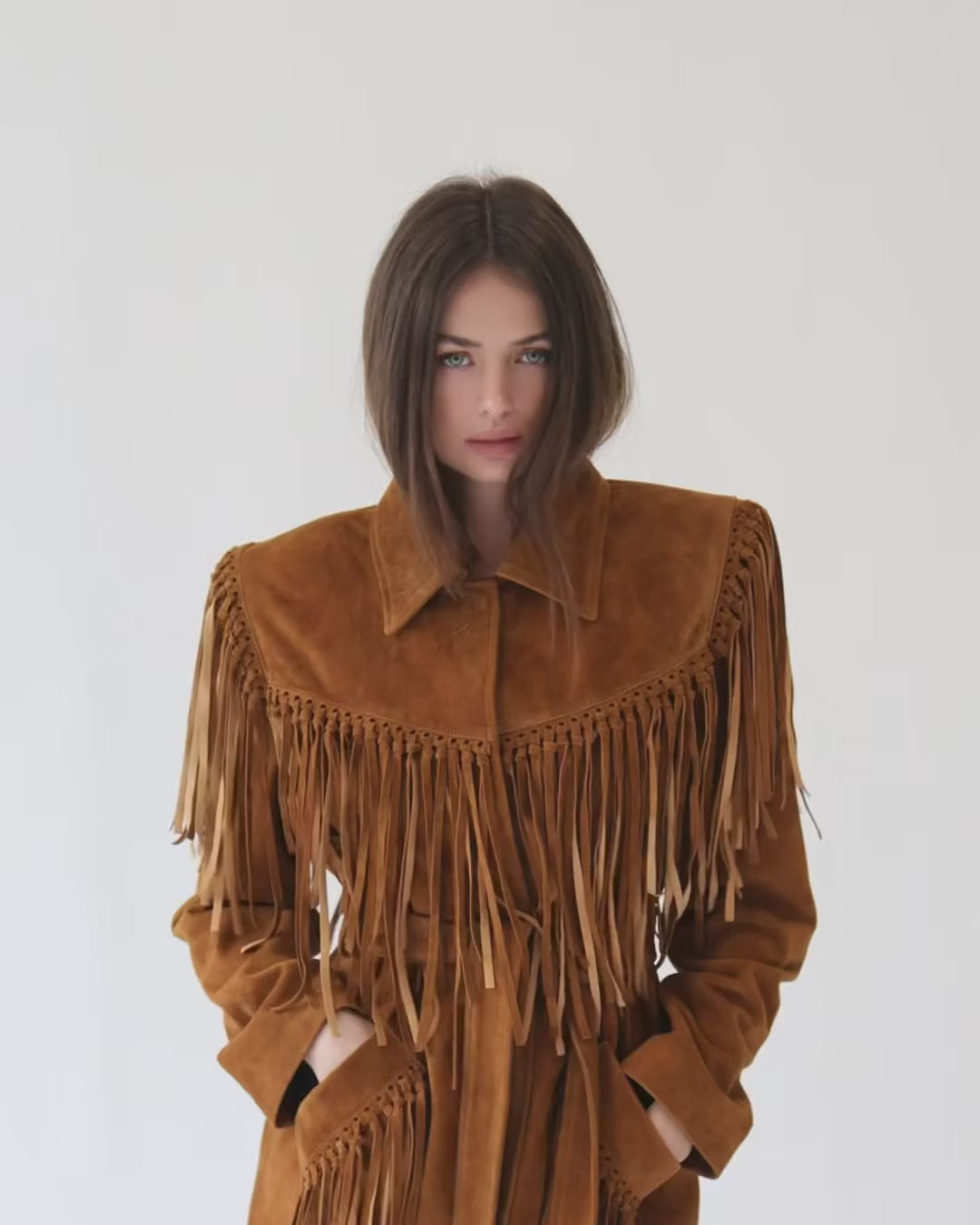 Riley Suede Fringe Trench Coat in Mahogany Brown