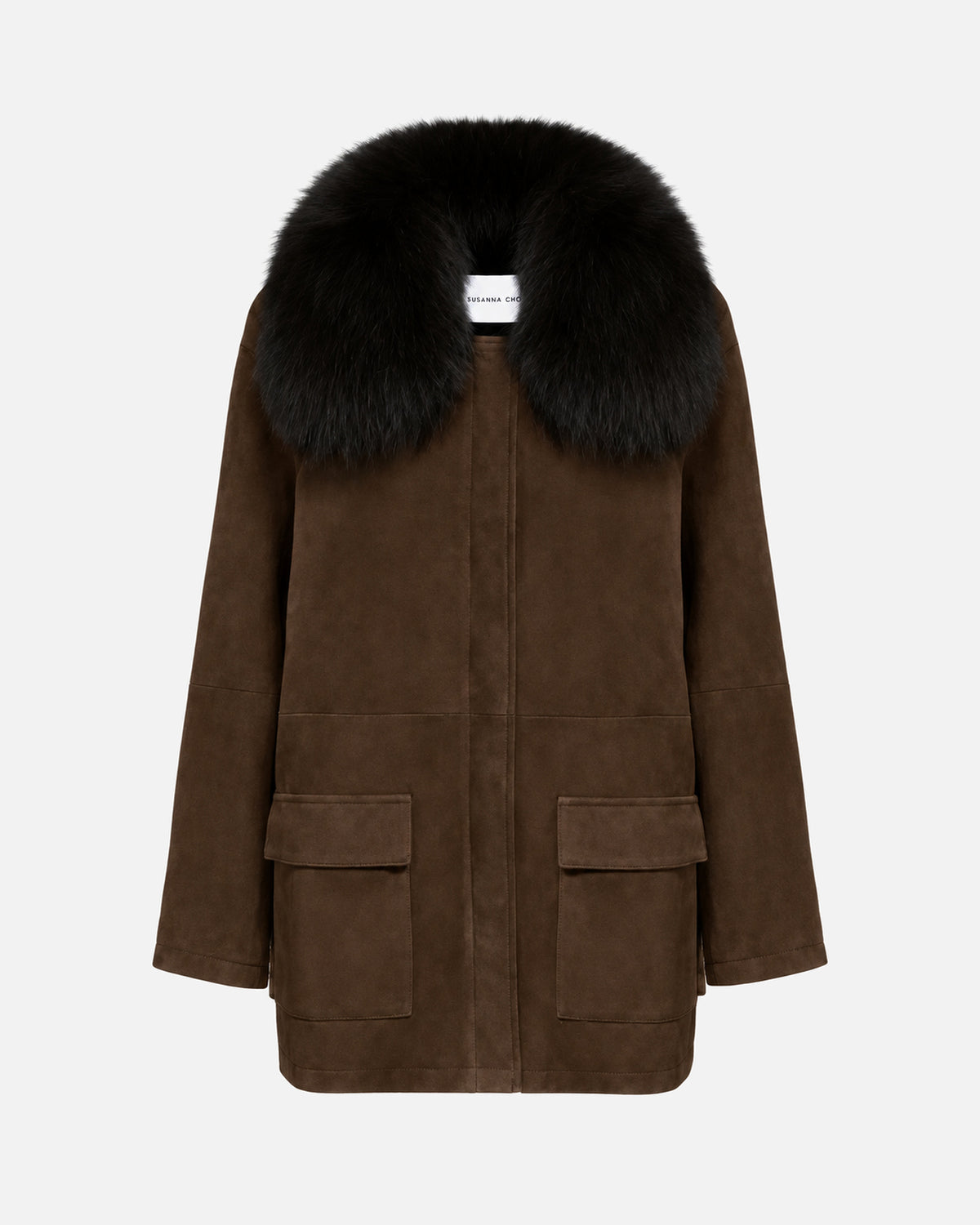 Raegan Suede Coat in Chocolate & Black Shearling, front