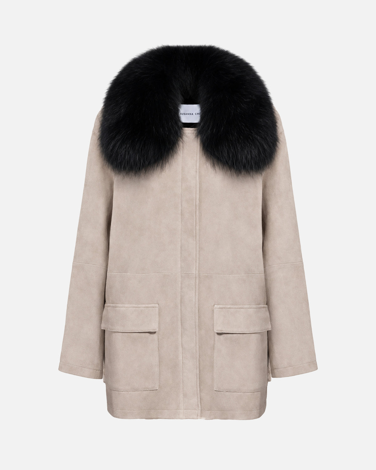 Raegan Suede Coat in Stone & Black Shearling, front