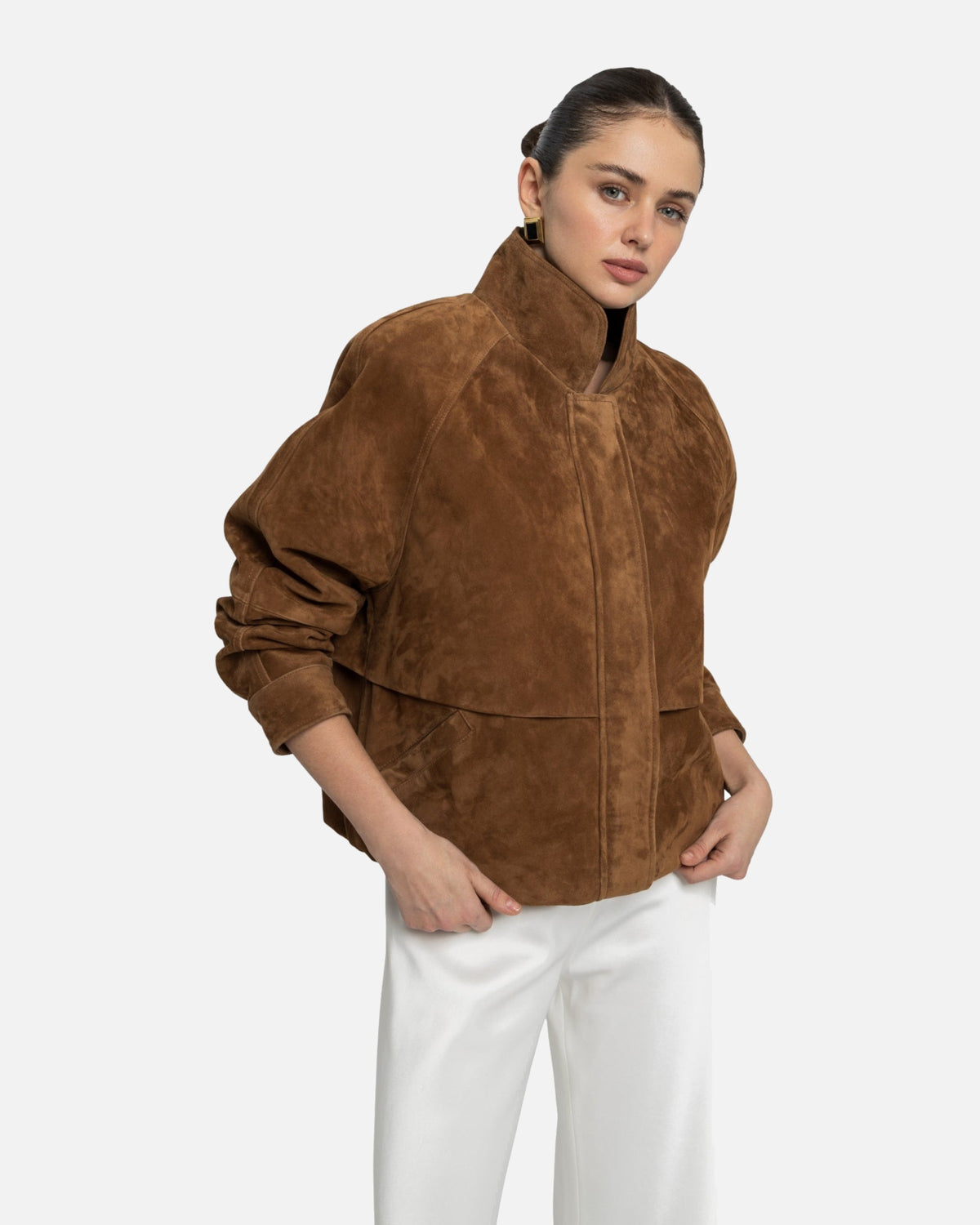 Remy Suede Bomber Jacket in Caramel