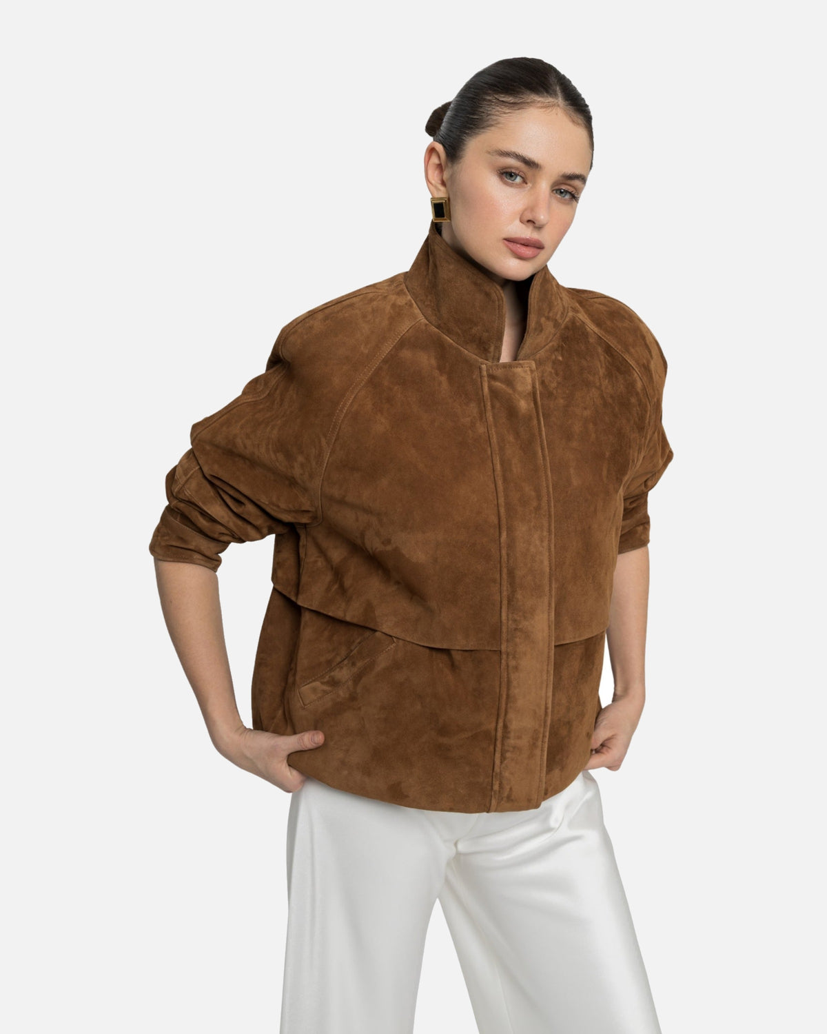 Remy Suede Bomber Jacket in Caramel