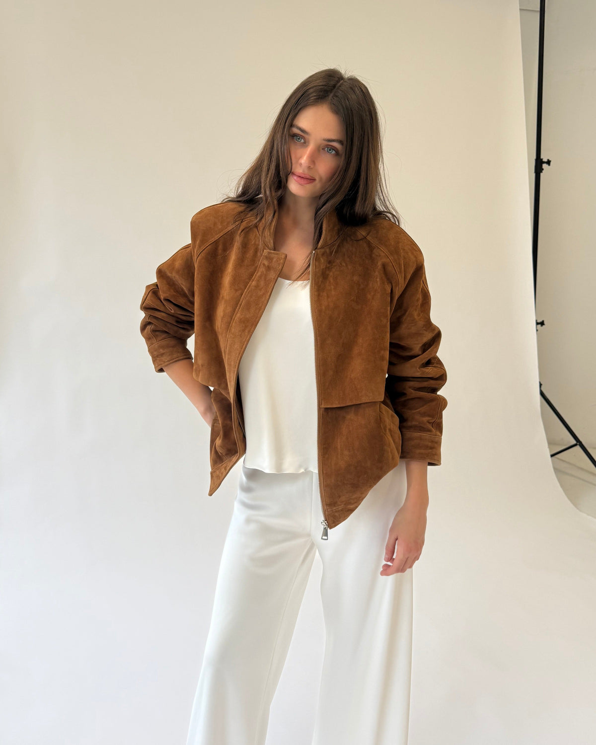 Remy Suede Bomber Jacket in Caramel