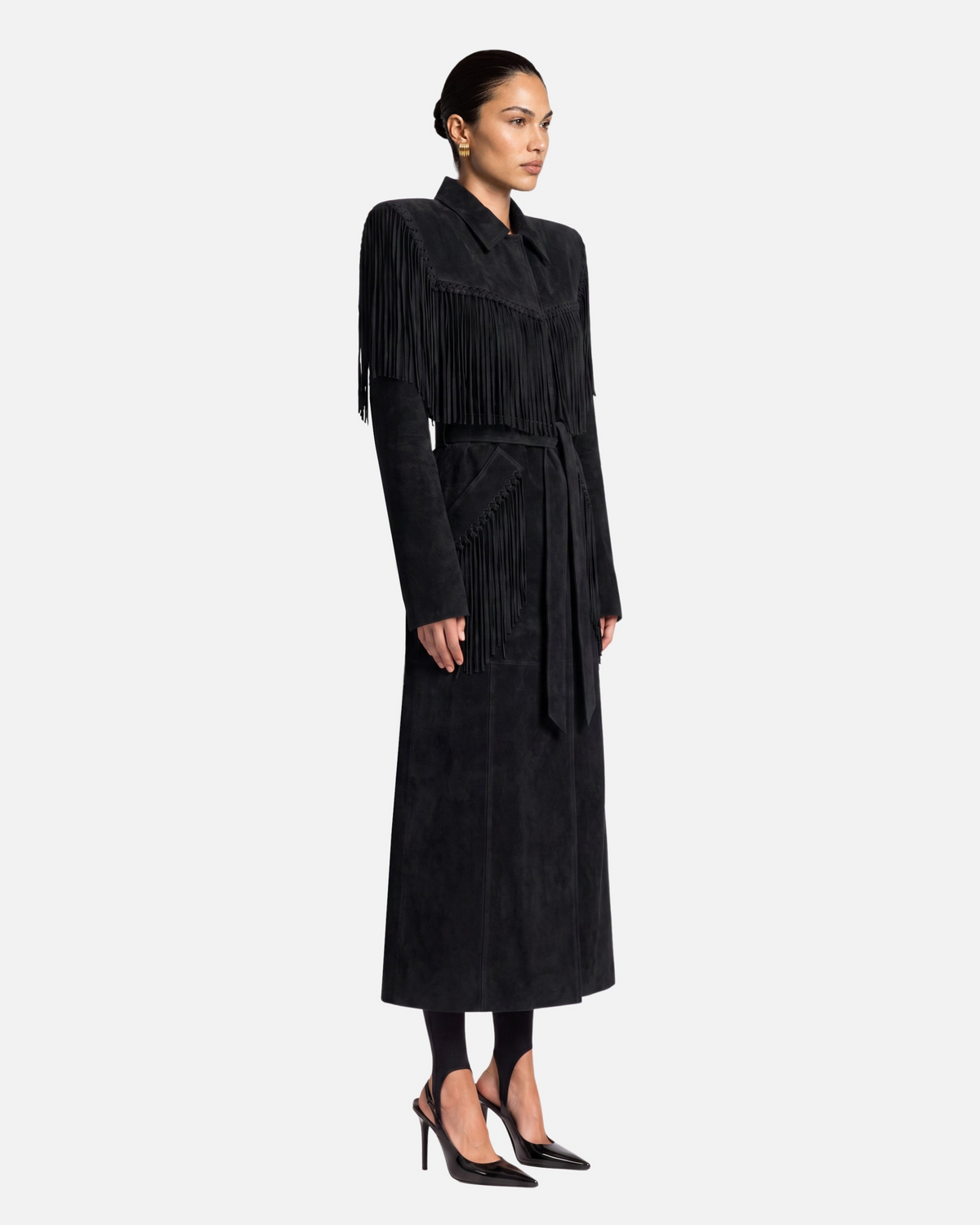 Riley Suede Fringe Trench Coat in black on model
