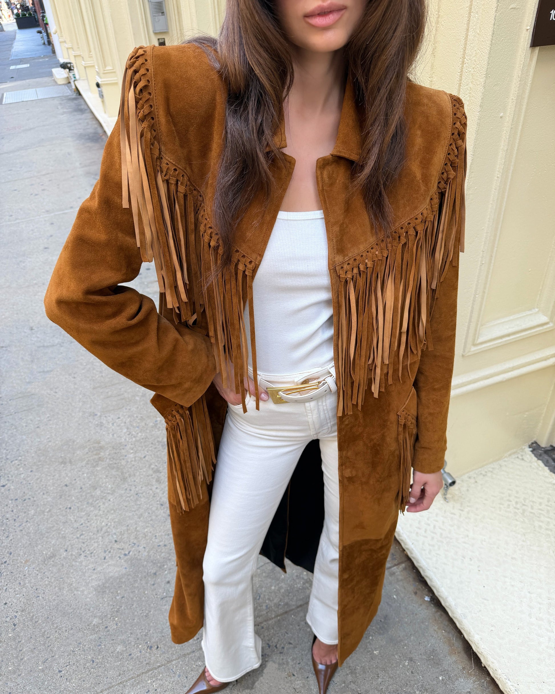 Riley Suede Fringe Trench Coat in Mahogany Brown, worn in SoHo
