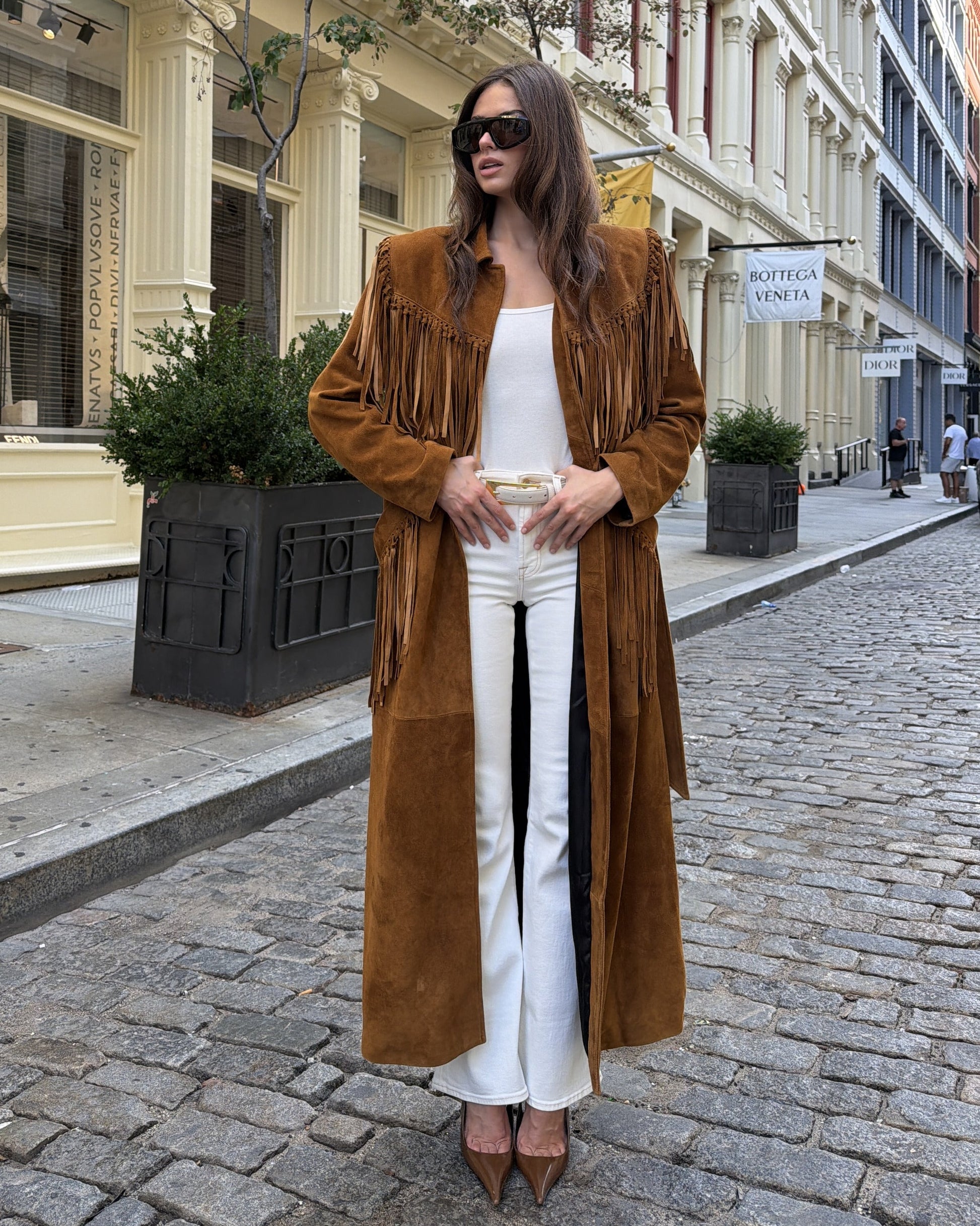 Riley Suede Fringe Trench Coat in Mahogany Brown, worn in SoHo