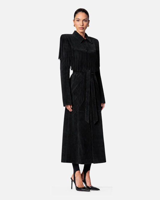 Riley Suede Fringe Trench Coat in black, three quarter front view