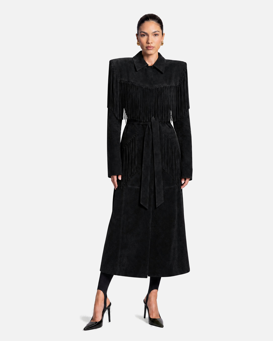 Riley Suede Fringe Trench Coat in black, front view on model