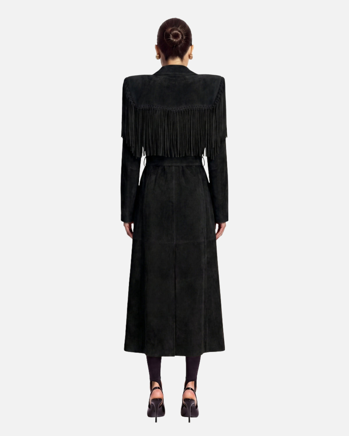 Riley Suede Fringe Trench Coat in Black, back