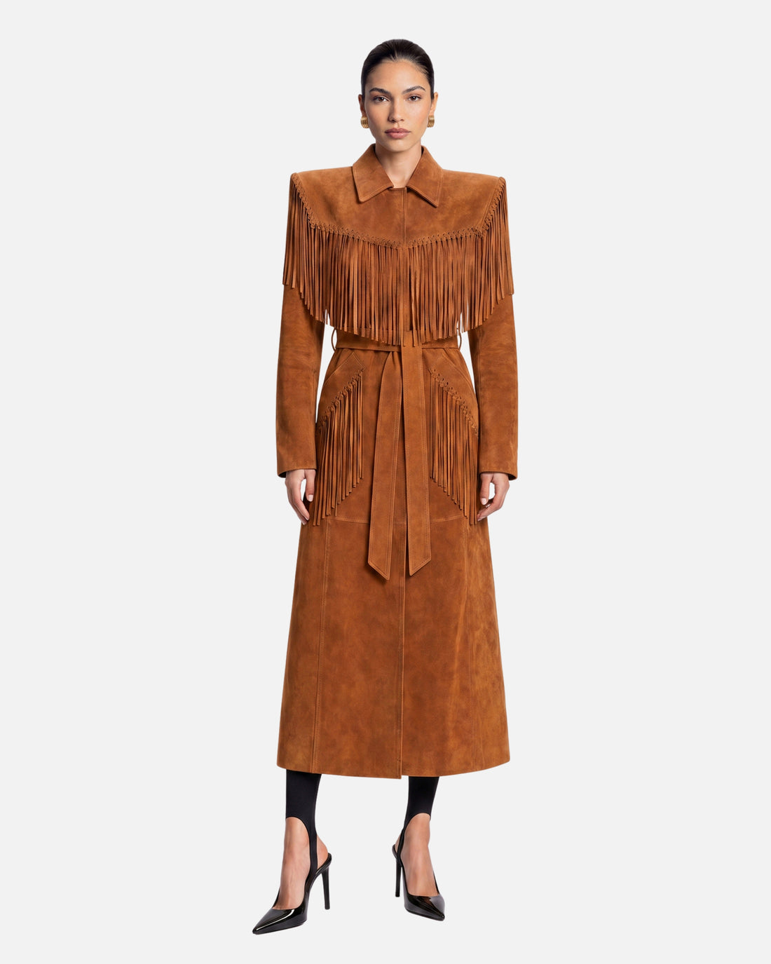 Riley Suede Fringe Trench Coat in mahogany brown, front view on model
