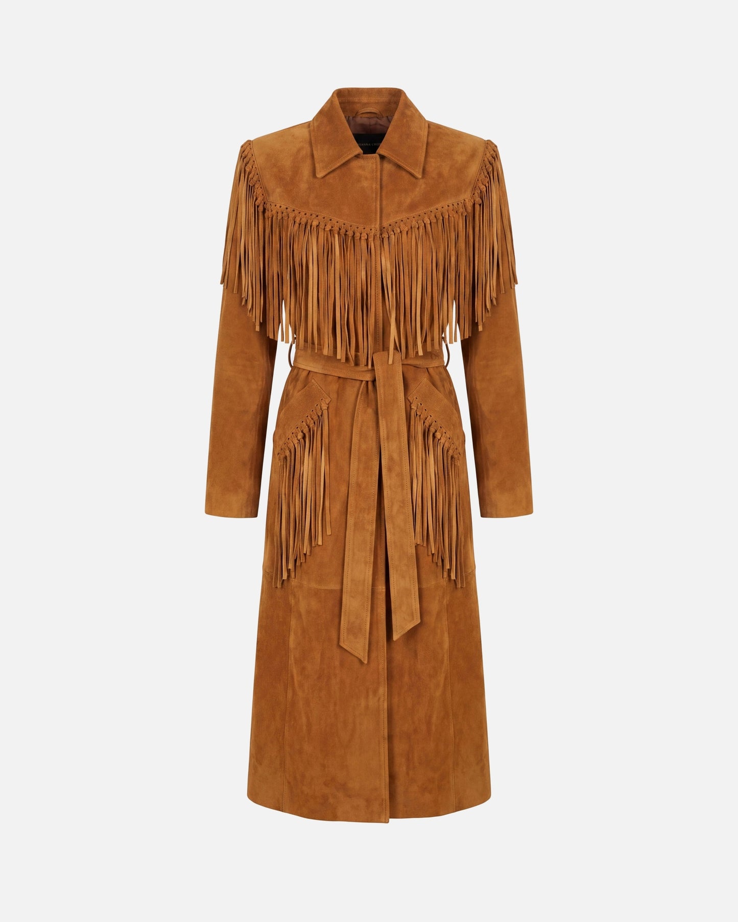 Susanna Chow Riley Suede Fringe Trench Coat in Mahogany Brown, front view