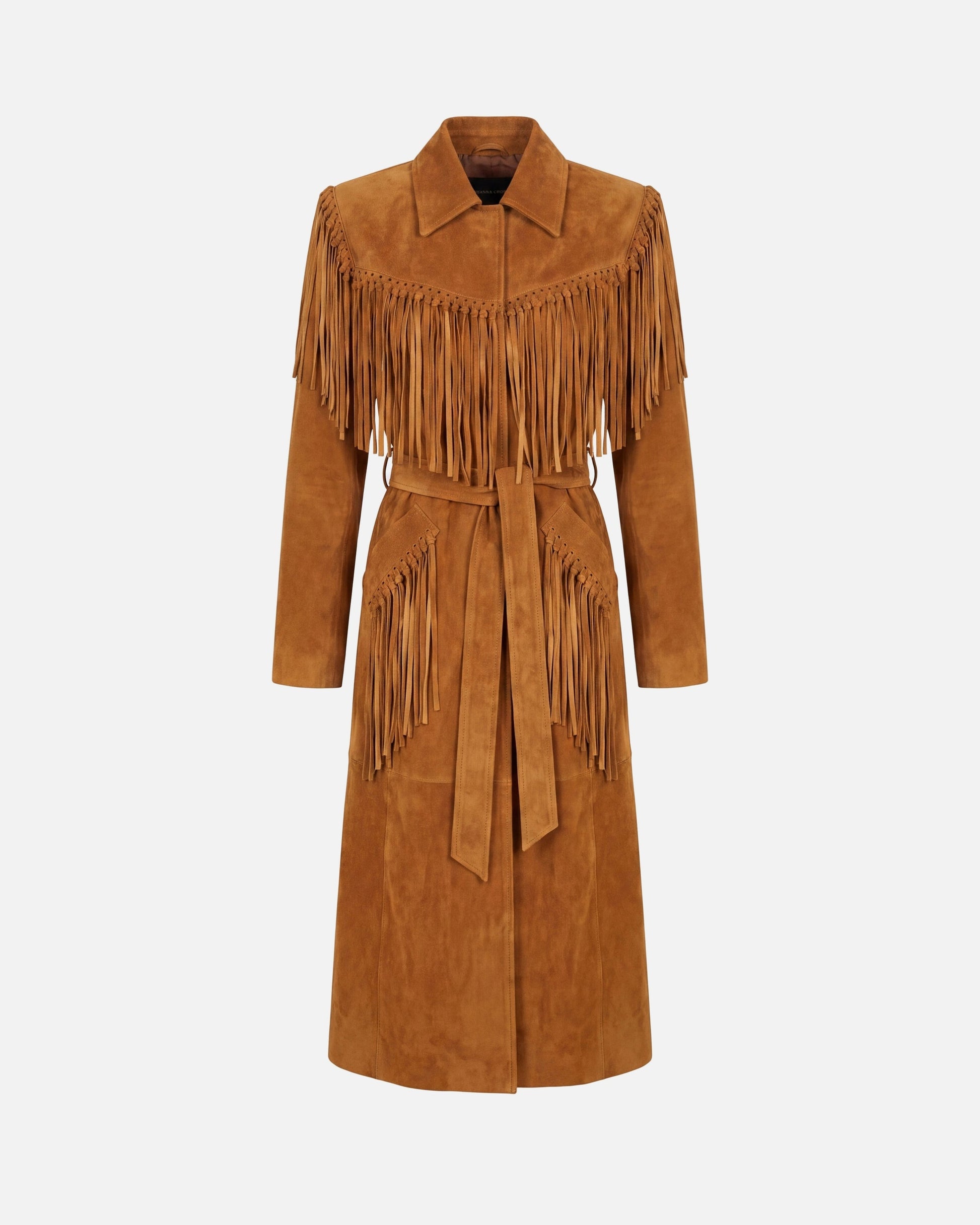 Susanna Chow Riley Suede Fringe Trench Coat in Mahogany Brown, front view