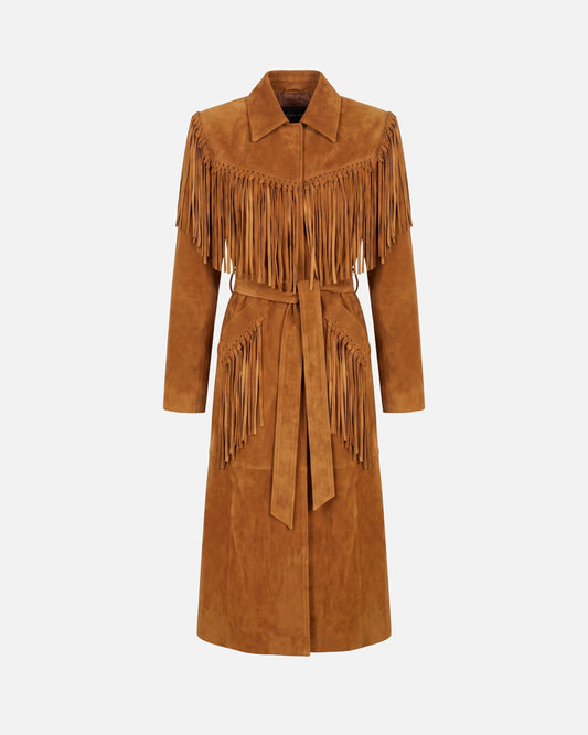 Susanna Chow Riley Suede Fringe Trench Coat in Mahogany Brown, front view