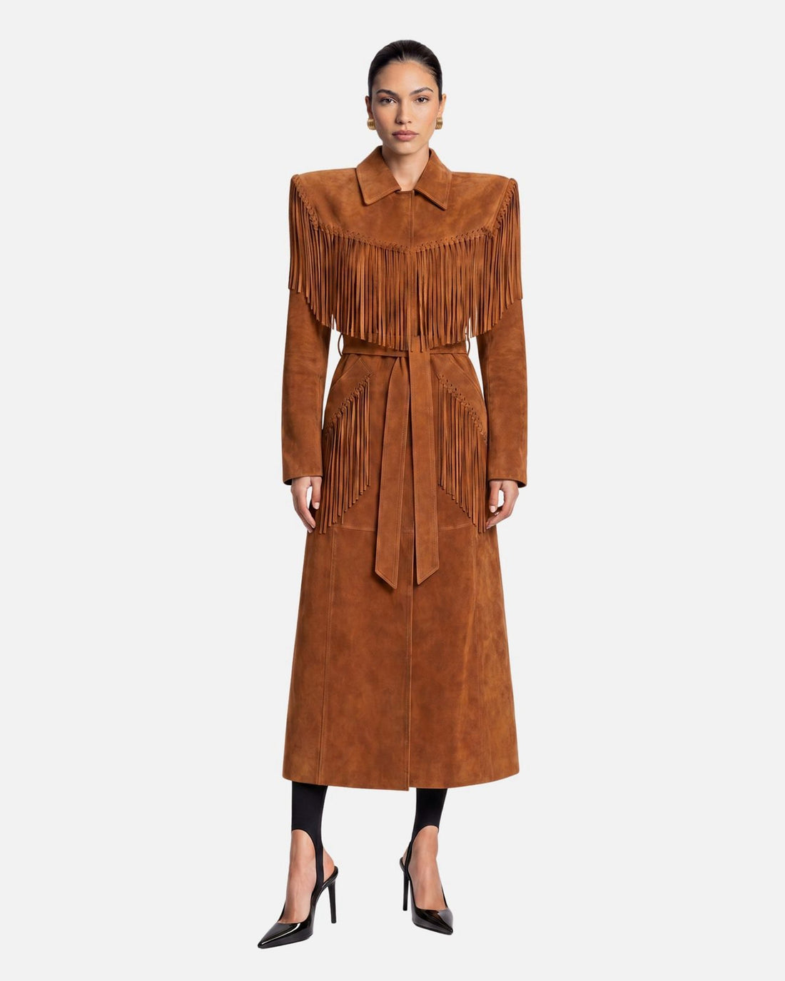 Riley Suede Fringe Trench Coat in Mahogany Brown, front