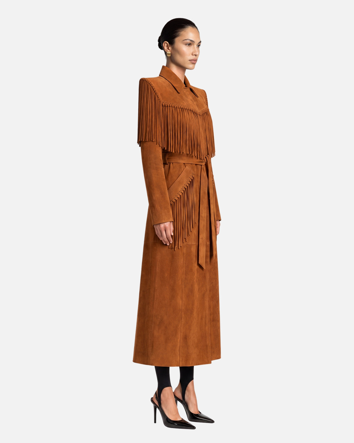 Riley Suede Fringe Trench Coat in mahogany brown, side view on model