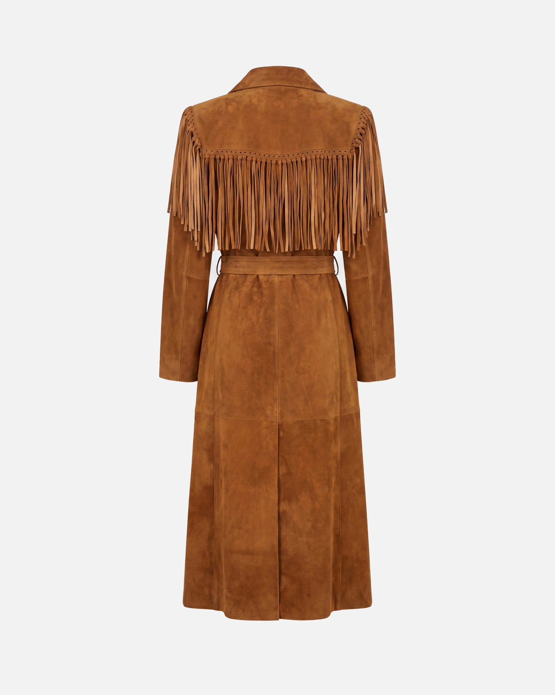 Susanna Chow Riley Suede Fringe Trench Coat in Mahogany Brown, back view