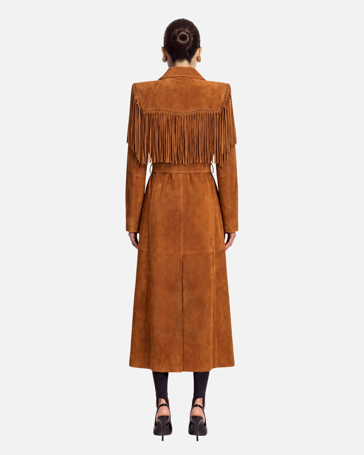 Riley Suede Fringe Trench Coat in mahogany brown, back view on model