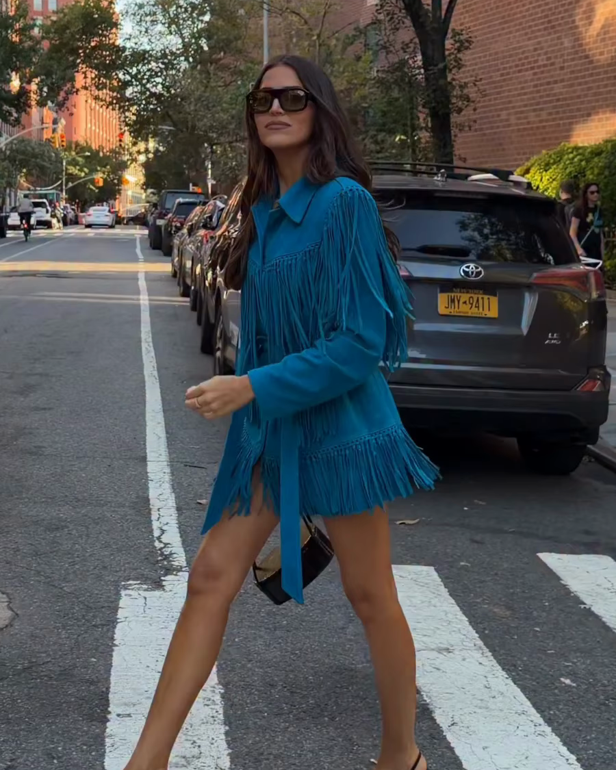 Rose LoTempio wearing Sutton Suede Fringe Trench Coat