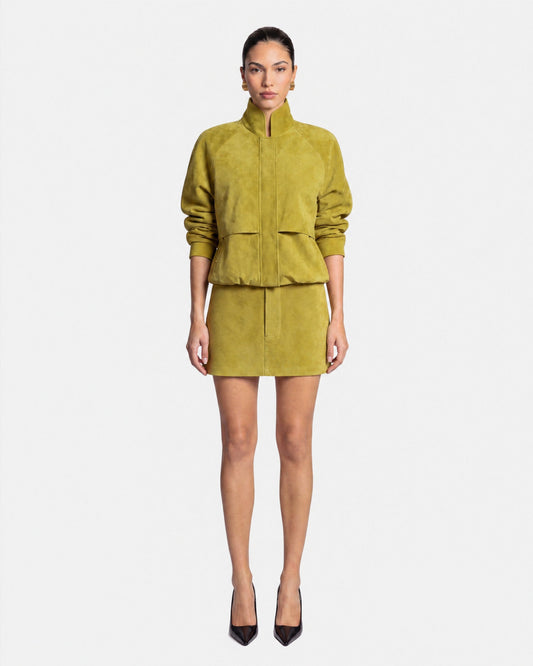 Remy Suede Bomber Jacket, chartreuse, front