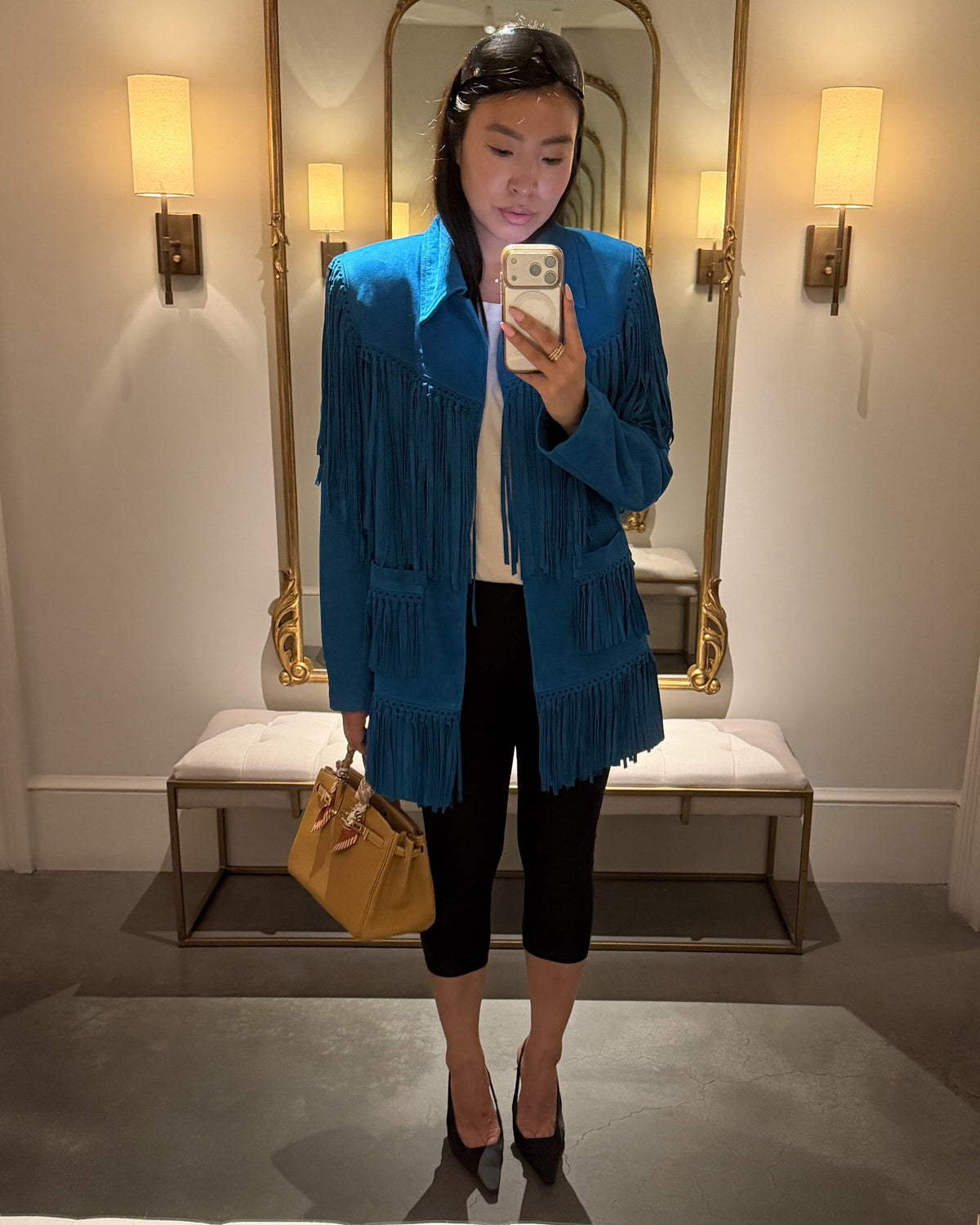Sutton Suede Fringe Trench Coat in Turquoise
