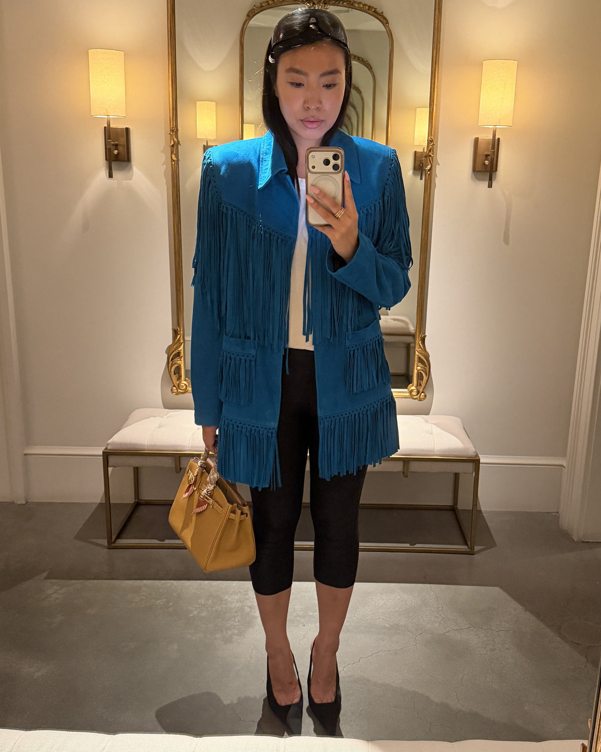 Sutton Suede Fringe Trench Coat in Turquoise