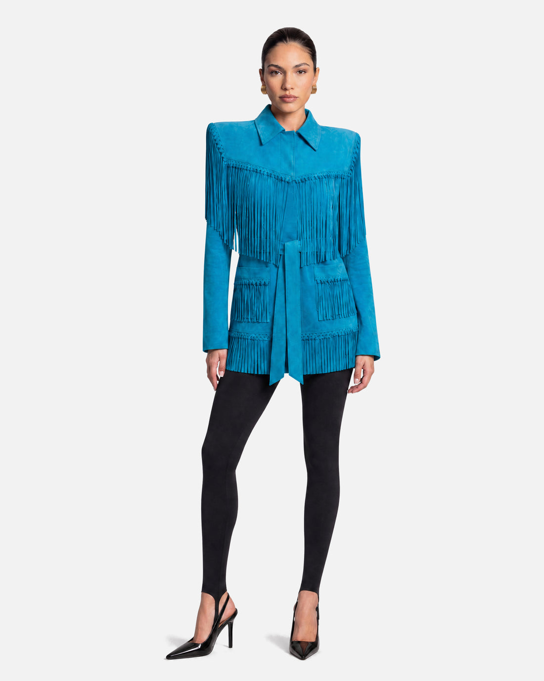 Sutton Suede Fringe Trench Coat in turquoise, front view on model