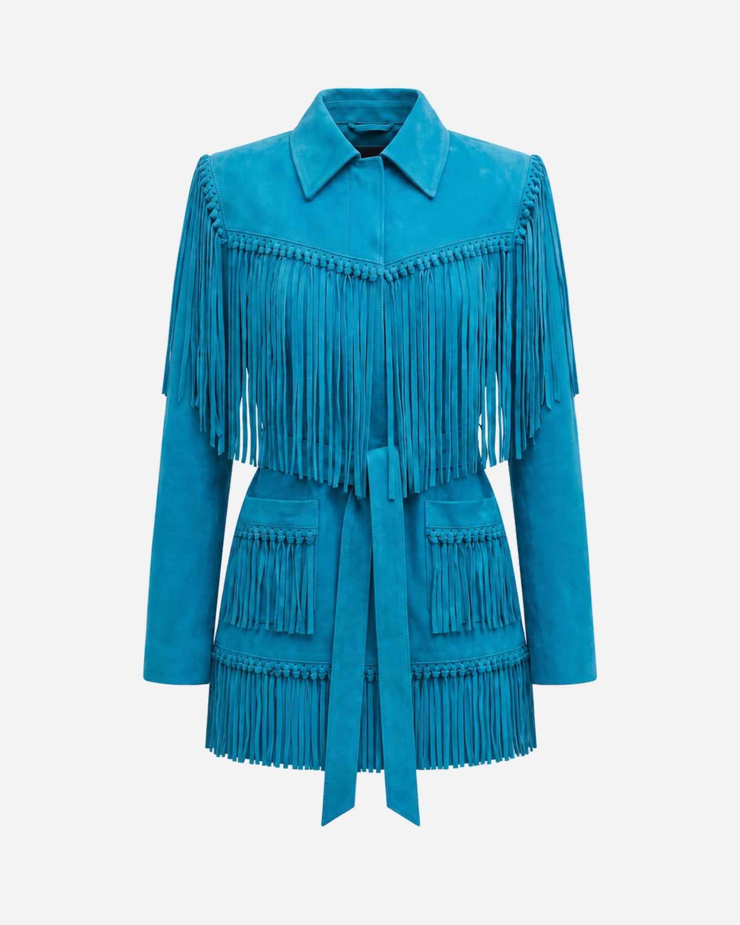 Susanna Chow Sutton Suede Fringe Trench Coat in Turquoise, front view