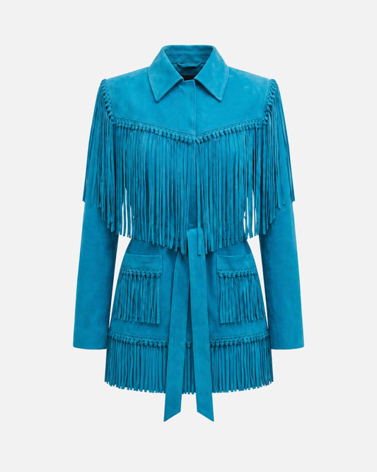 Susanna Chow Sutton Suede Fringe Trench Coat in Turquoise, front view