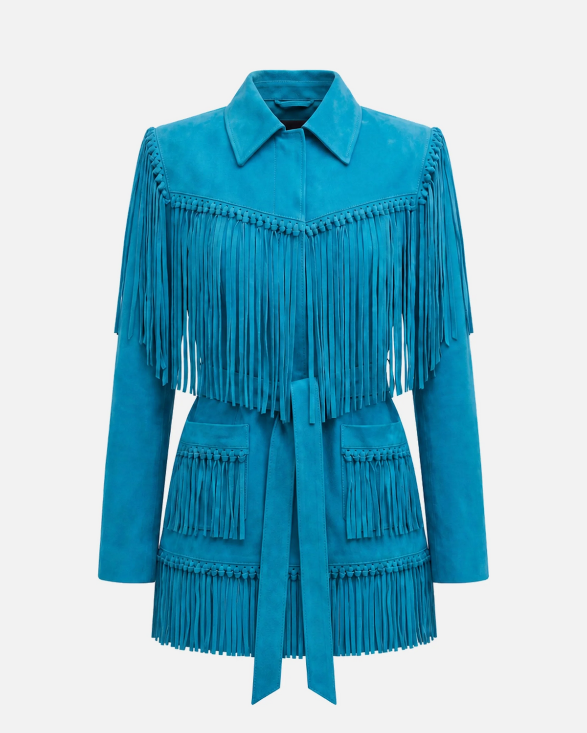Sutton Suede Fringe Trench Coat in Turquoise, front