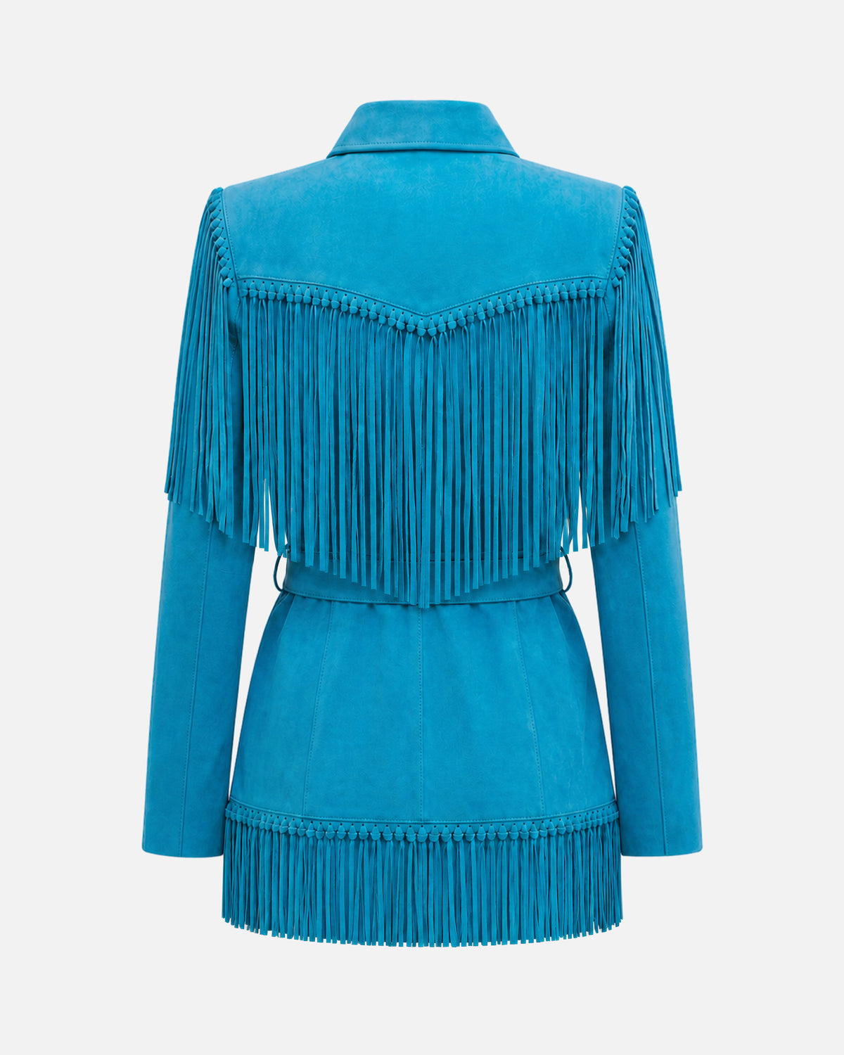 Sutton Suede Fringe Trench Coat in turquoise, back view