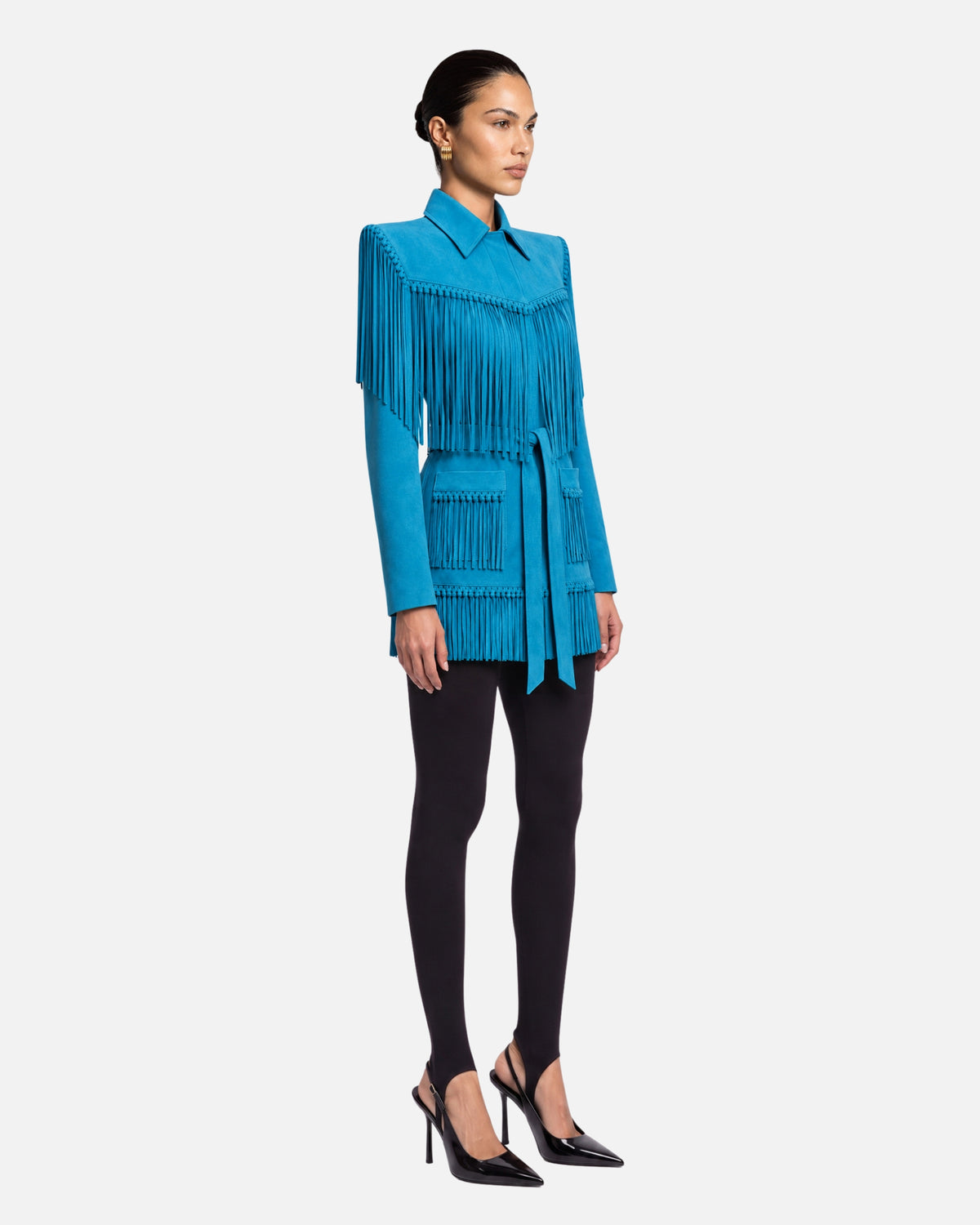 Sutton Suede Fringe Trench Coat in Turquoise, side