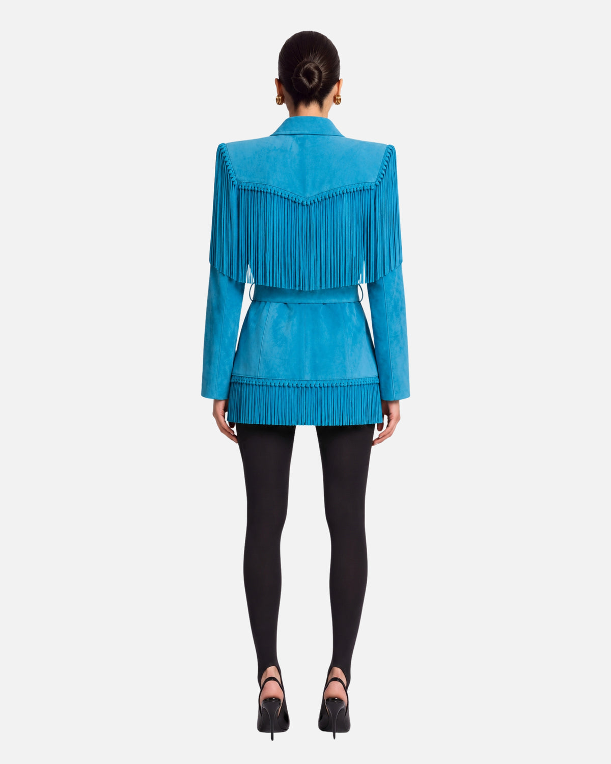 Sutton Suede Fringe Trench Coat in Turquoise, back